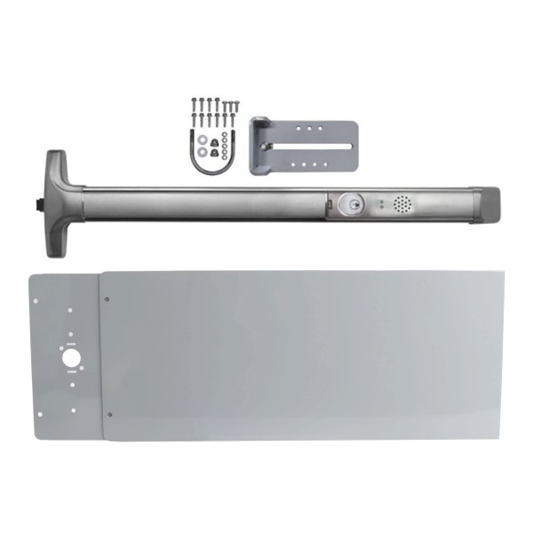 Chain Link DAC Standard Exit Bar Kit with 36" Detex Advantex Alarmed Bar with 12" Tall Silver Plate