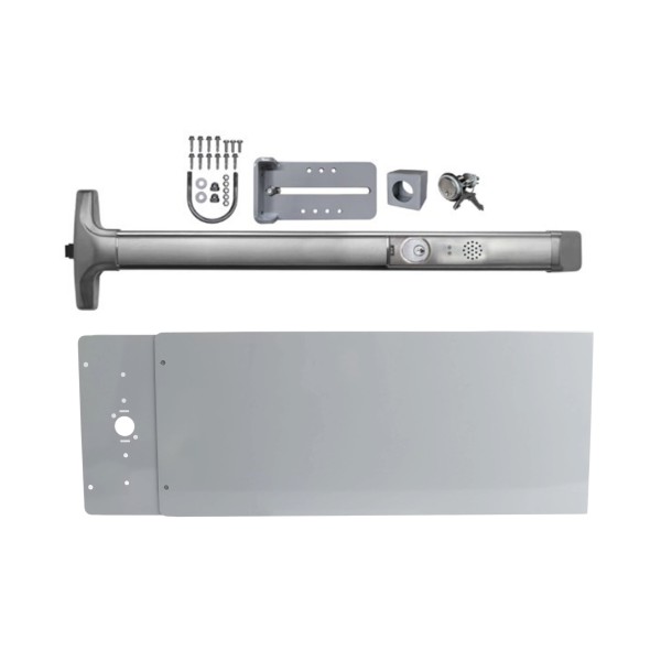 Chain Link DAC Premium Exit Bar Kit with 36" Detex Advantex Alarmed Bar with 12" Tall Silver Plate