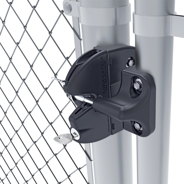 D&D LokkLatch Series 2 Adjustable Lockable Gate Latch for Round Chain Link Gate Posts With External Access Kit (Black) (Series 2 Shown)