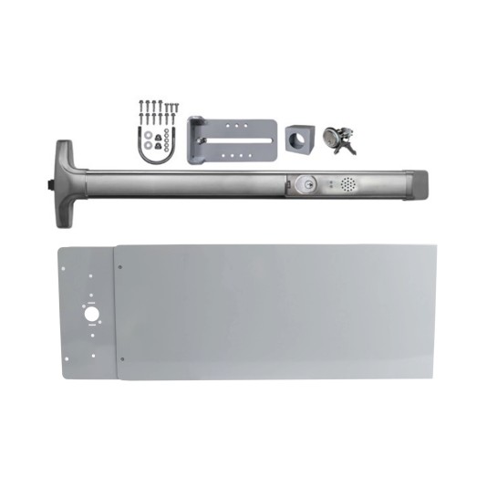 Chain Link DAC Premium Exit Bar Kit with 48" Detex Advantex Alarmed Bar with 12" Tall Silver Plate